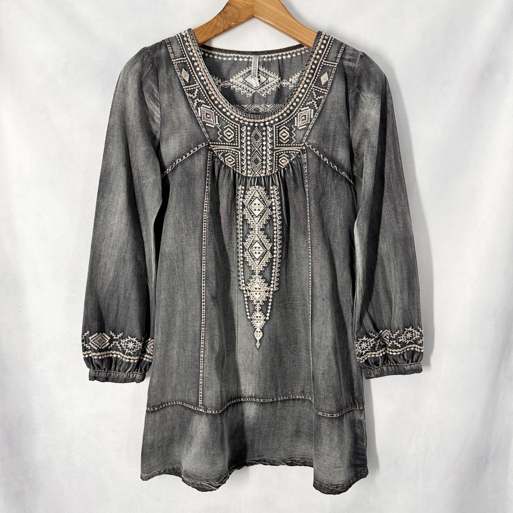 MonoReno Cotton Long Sleeve Washed Black Tunic Dress Womens Size Small